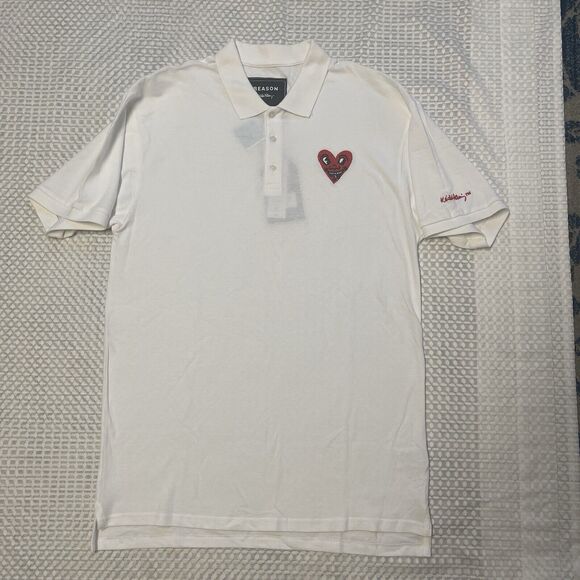 Reason Clothing Keith Haring Embroidered Heart Polo Shirt White Men Lrg New Tag - Picture 1 of 11